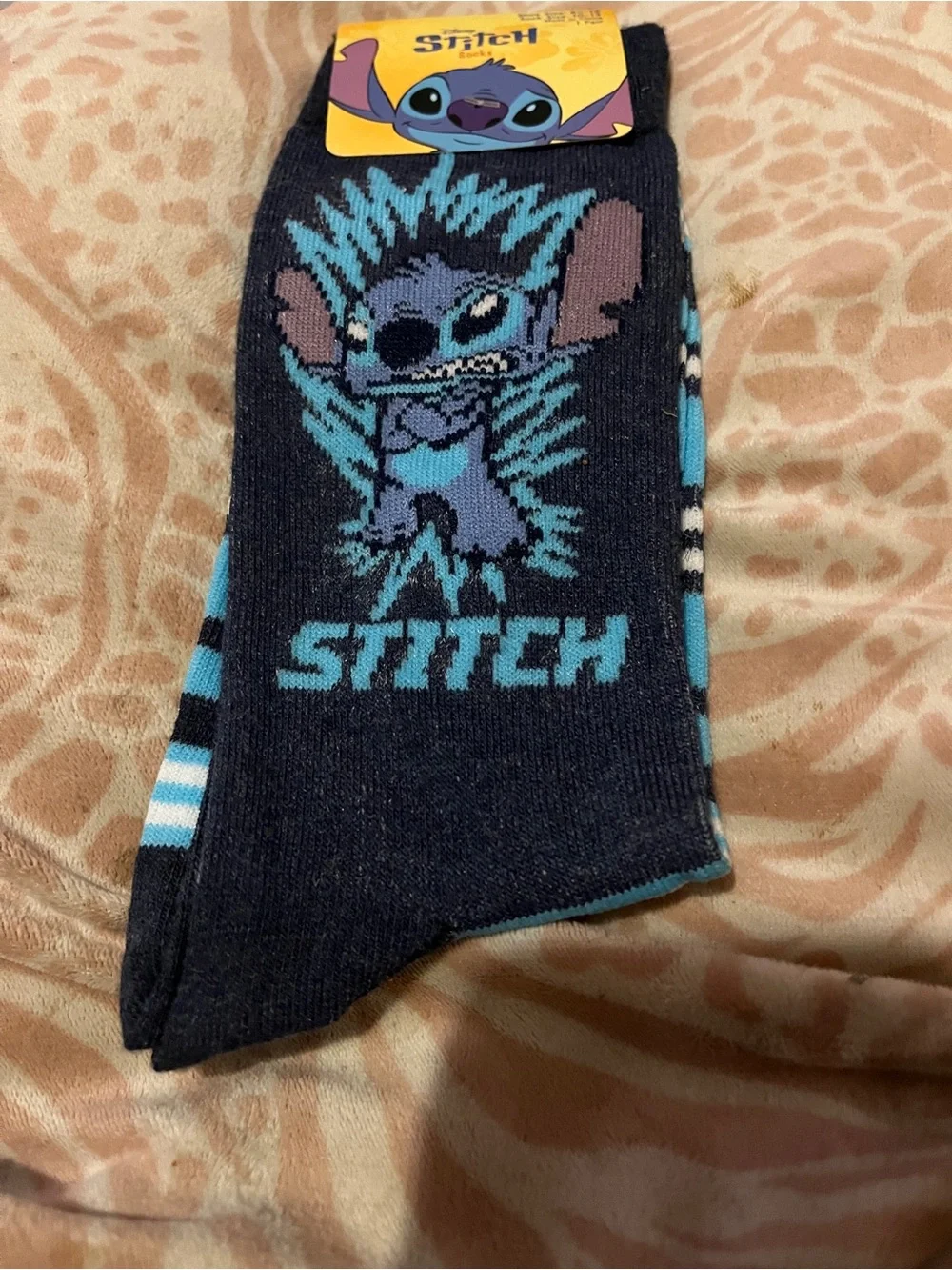 Disney Stitch Crew Socks Black Blue Adult Shoe Size 6.5-12 New With Tags